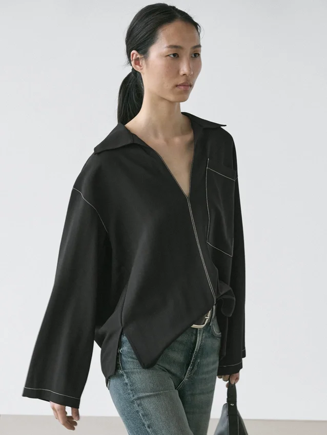 Fließendes Overshirt aus Wollmischung mit Taschendetails Fließendes Overshirt aus Wollmischung mit Taschendetails