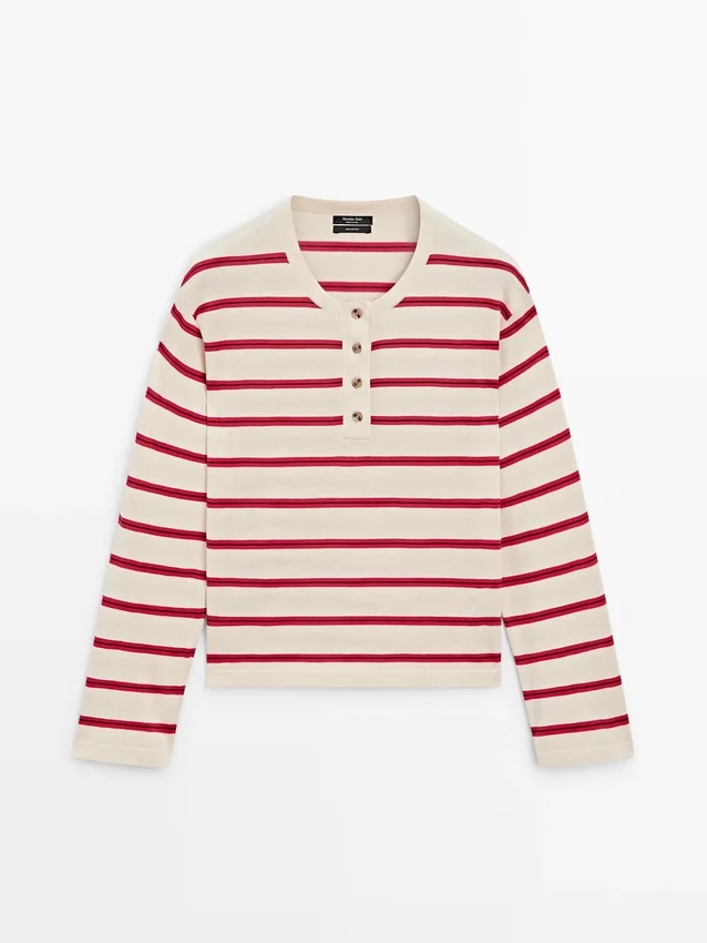 Gestreifter Henley-Pullover aus Baumwollstrick Gestreifter Henley-Pullover aus Baumwollstrick