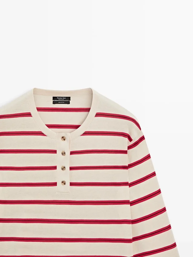 Gestreifter Henley-Pullover aus Baumwollstrick Gestreifter Henley-Pullover aus Baumwollstrick