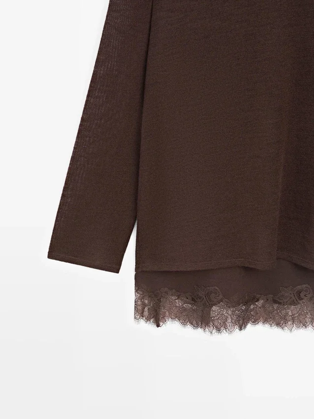 Langarm-T-Shirt mit Spitzendetail Langarm-T-Shirt mit Spitzendetail