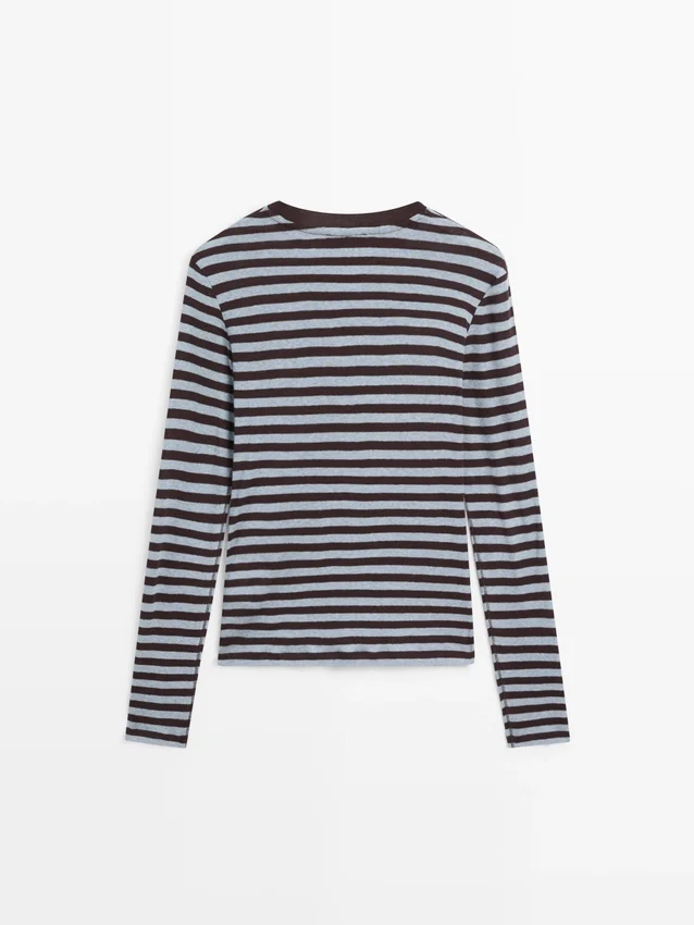Langärmliges T-Shirt aus Baumwollmischung mit Streifenmuster Langärmliges T-Shirt aus Baumwollmischung mit Streifenmuster