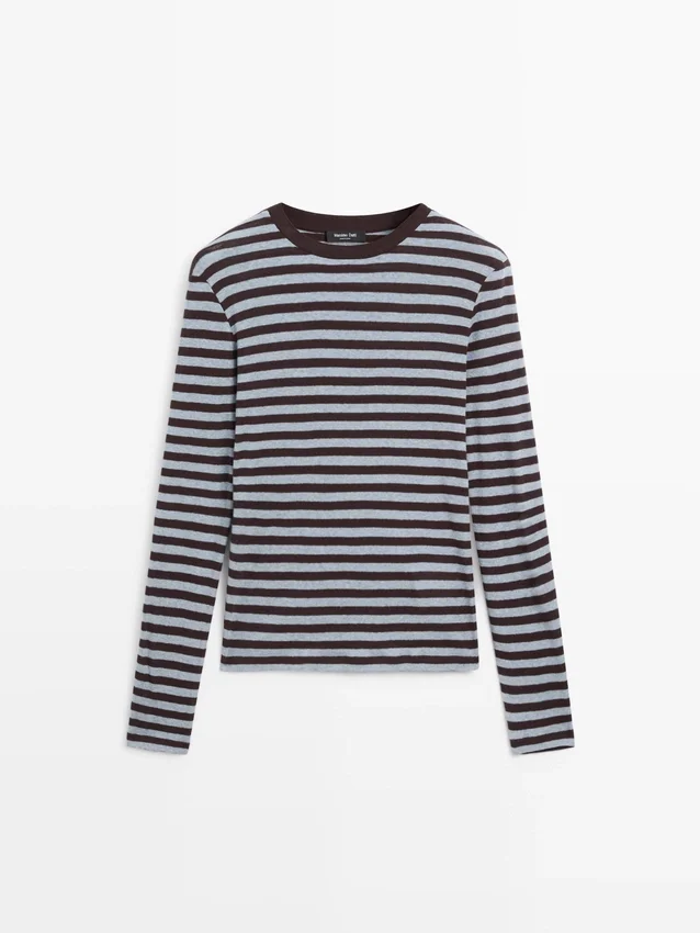 Langärmliges T-Shirt aus Baumwollmischung mit Streifenmuster Langärmliges T-Shirt aus Baumwollmischung mit Streifenmuster