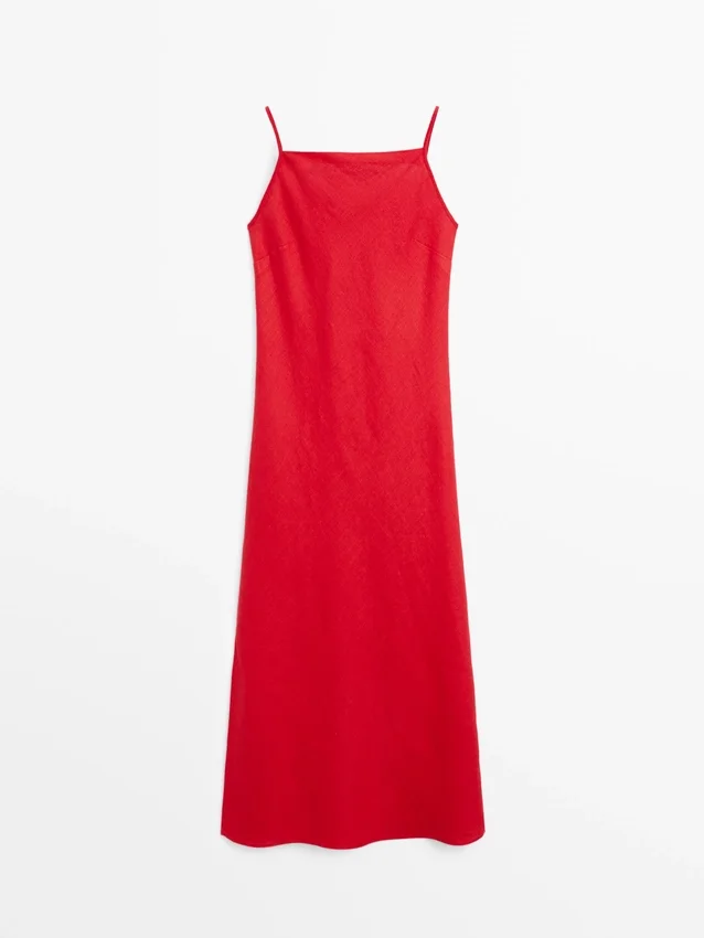 Midi-Kleid aus Leinen mit geradem Ausschnitt Midi-Kleid aus Leinen mit geradem Ausschnitt