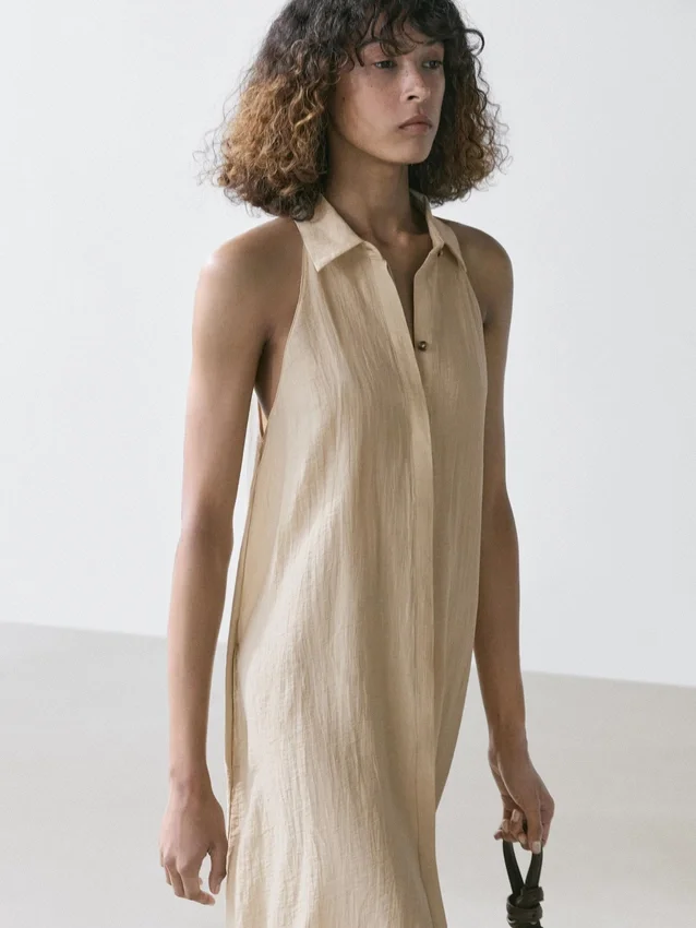 Midi-Kleid aus Leinenmischung mit Poloshirt-Kragen Midi-Kleid aus Leinenmischung mit Poloshirt-Kragen