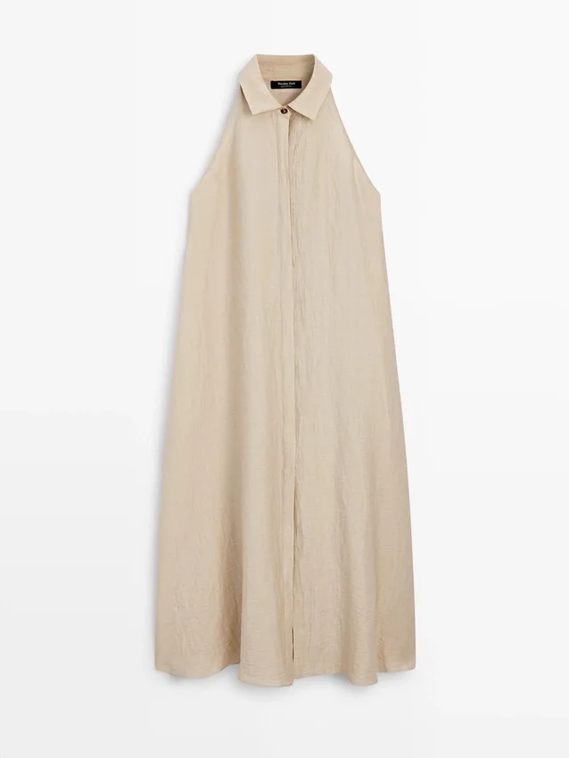 Midi-Kleid aus Leinenmischung mit Poloshirt-Kragen Midi-Kleid aus Leinenmischung mit Poloshirt-Kragen