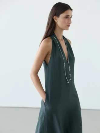 Midi-Kleid aus Leinenmischung mit V-Ausschnitt