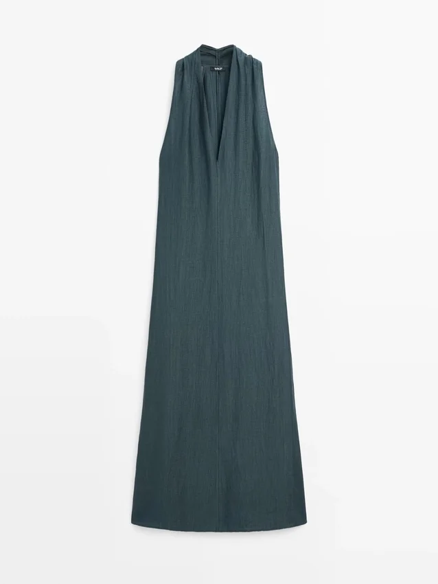 Midi-Kleid aus Leinenmischung mit V-Ausschnitt Midi-Kleid aus Leinenmischung mit V-Ausschnitt