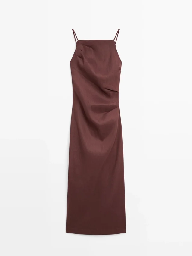 Midi-Kleid aus Stretch-Leinenmischung mit Trägern Midi-Kleid aus Stretch-Leinenmischung mit Trägern