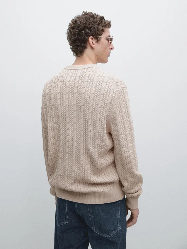 Pullover aus 100 % Baumwolle mit Zopfmuster und Rundhalsausschnitt Pullover aus 100 % Baumwolle mit Zopfmuster und Rundhalsausschnitt