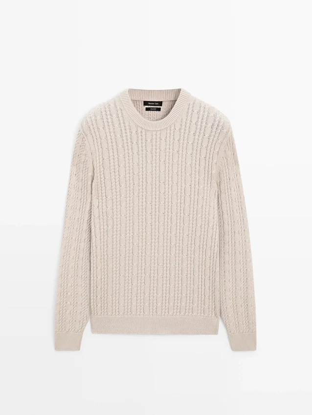 Pullover aus 100 % Baumwolle mit Zopfmuster und Rundhalsausschnitt Pullover aus 100 % Baumwolle mit Zopfmuster und Rundhalsausschnitt