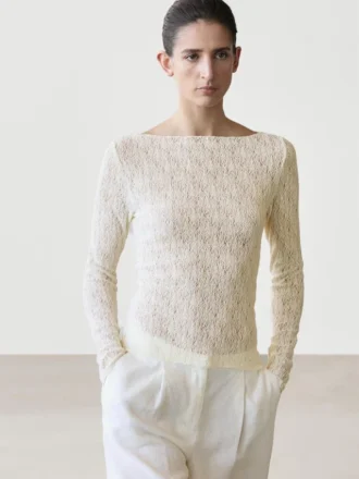 T-Shirt mit U-Boot-Ausschnitt und Spitzendetail