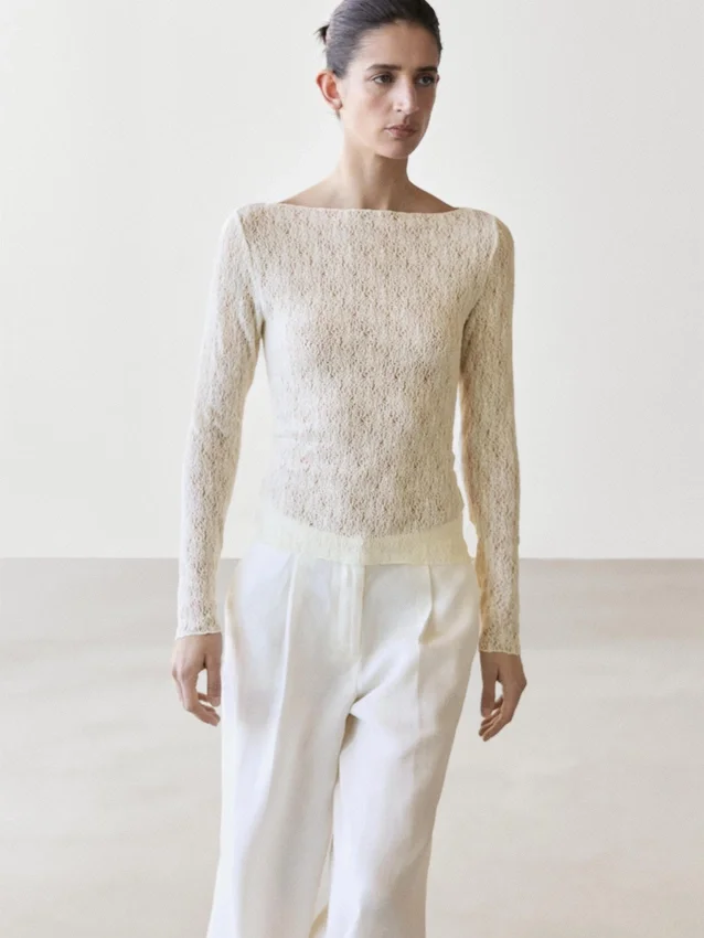 T-Shirt mit U-Boot-Ausschnitt und Spitzendetail T-Shirt mit U-Boot-Ausschnitt und Spitzendetail