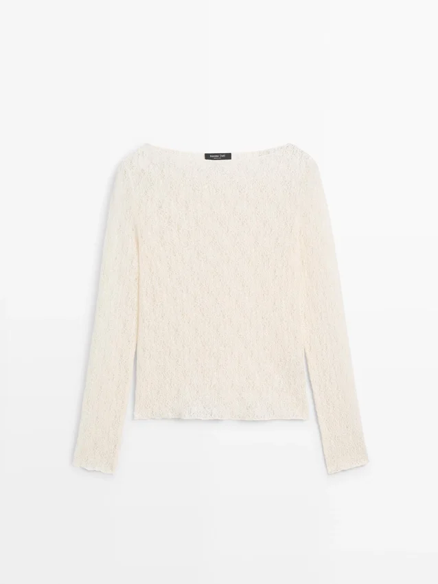 T-Shirt mit U-Boot-Ausschnitt und Spitzendetail T-Shirt mit U-Boot-Ausschnitt und Spitzendetail