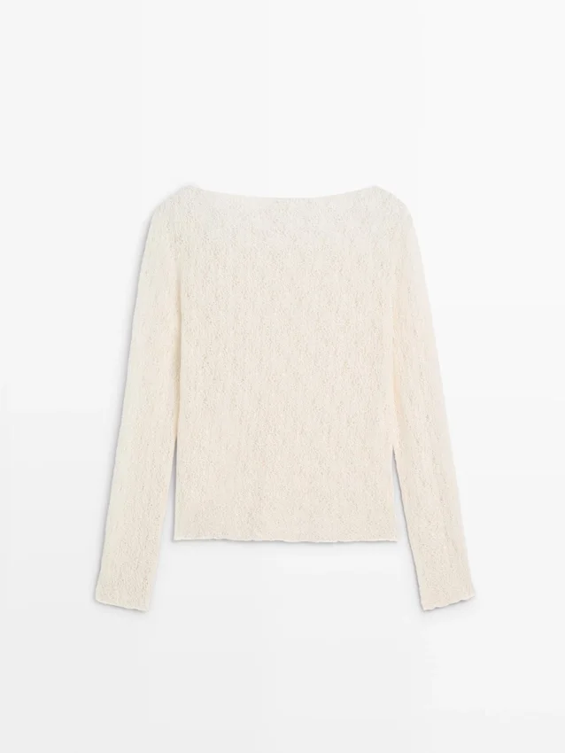 T-Shirt mit U-Boot-Ausschnitt und Spitzendetail T-Shirt mit U-Boot-Ausschnitt und Spitzendetail